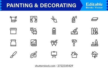 Conjunto de iconos de línea de pintura y decoración con iconos editables y perfectos en píxeles con un estilo limpio, moderno y mínimo, ideal para proyectos de renovación, arte y hogar.