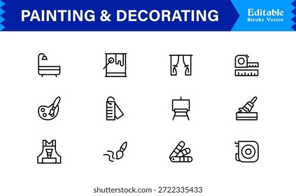 Conjunto de iconos de línea de pintura y decoración con iconos editables y perfectos en píxeles con un estilo limpio, moderno y mínimo, ideal para proyectos de renovación, arte y hogar.