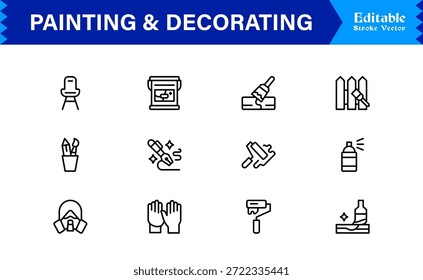 Conjunto de iconos de línea de pintura y decoración con iconos editables y perfectos en píxeles con un estilo limpio, moderno y mínimo, ideal para proyectos de renovación, arte y hogar.