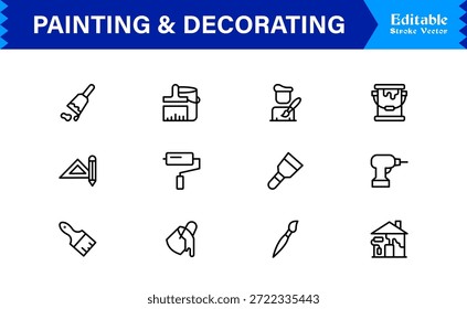 Conjunto de iconos de línea de pintura y decoración con iconos editables y perfectos en píxeles con un estilo limpio, moderno y mínimo, ideal para proyectos de renovación, arte y hogar.