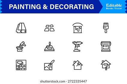 Conjunto de iconos de línea de pintura y decoración con iconos editables y perfectos en píxeles con un estilo limpio, moderno y mínimo, ideal para proyectos de renovación, arte y hogar.