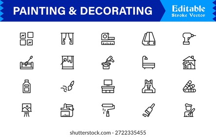 Conjunto de iconos de línea de pintura y decoración con iconos editables y perfectos en píxeles con un estilo limpio, moderno y mínimo, ideal para proyectos de renovación, arte y hogar.