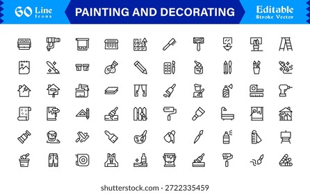 Conjunto de iconos de línea de pintura y decoración con iconos editables y perfectos en píxeles con un estilo limpio, moderno y mínimo, ideal para proyectos de renovación, arte y hogar.