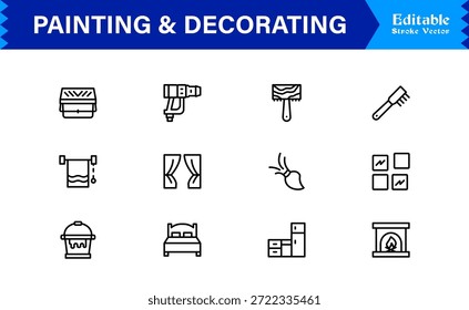 Conjunto de iconos de línea de pintura y decoración con iconos editables y perfectos en píxeles con un estilo limpio, moderno y mínimo, ideal para proyectos de renovación, arte y hogar.