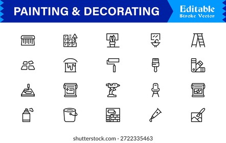 Conjunto de iconos de línea de pintura y decoración con iconos editables y perfectos en píxeles con un estilo limpio, moderno y mínimo, ideal para proyectos de renovación, arte y hogar.