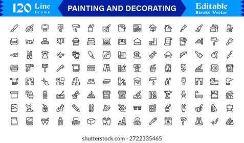 Conjunto de iconos de línea de pintura y decoración con iconos editables y perfectos en píxeles con un estilo limpio, moderno y mínimo, ideal para proyectos de renovación, arte y hogar.