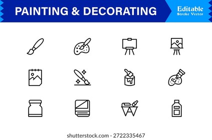 Conjunto de iconos de línea de pintura y decoración con iconos editables y perfectos en píxeles con un estilo limpio, moderno y mínimo, ideal para proyectos de renovación, arte y hogar.