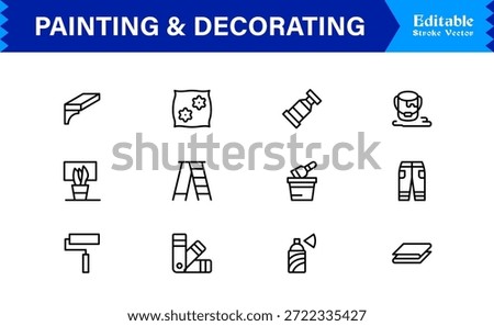 Painting And Decorating line icon set featuring editable, pixel-perfect icons with a clean, modern, and minimal style, ideal for renovation, art, and home projects.