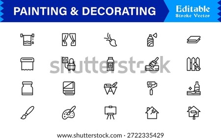 Painting And Decorating line icon set featuring editable, pixel-perfect icons with a clean, modern, and minimal style, ideal for renovation, art, and home projects.