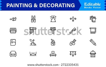Painting And Decorating line icon set featuring editable, pixel-perfect icons with a clean, modern, and minimal style, ideal for renovation, art, and home projects.