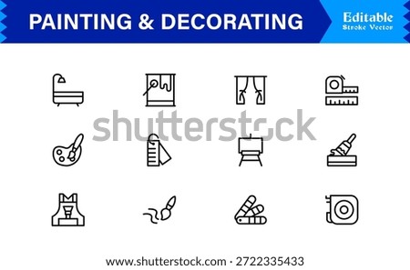 Painting And Decorating line icon set featuring editable, pixel-perfect icons with a clean, modern, and minimal style, ideal for renovation, art, and home projects.