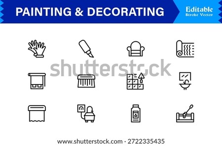 Painting And Decorating line icon set featuring editable, pixel-perfect icons with a clean, modern, and minimal style, ideal for renovation, art, and home projects.