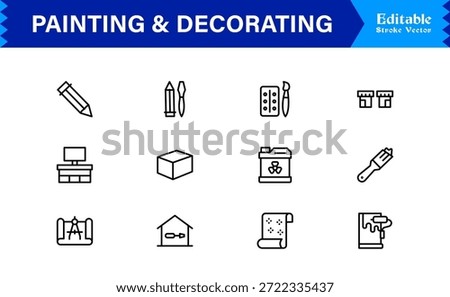 Painting And Decorating line icon set featuring editable, pixel-perfect icons with a clean, modern, and minimal style, ideal for renovation, art, and home projects.