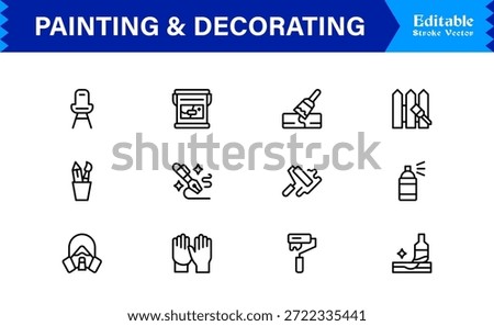 Painting And Decorating line icon set featuring editable, pixel-perfect icons with a clean, modern, and minimal style, ideal for renovation, art, and home projects.
