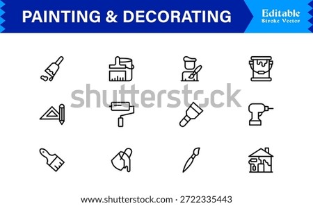 Painting And Decorating line icon set featuring editable, pixel-perfect icons with a clean, modern, and minimal style, ideal for renovation, art, and home projects.