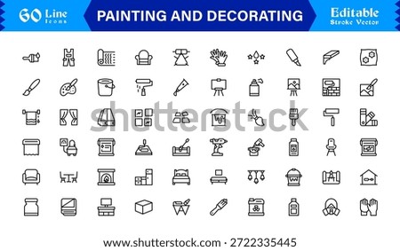 Painting And Decorating line icon set featuring editable, pixel-perfect icons with a clean, modern, and minimal style, ideal for renovation, art, and home projects.