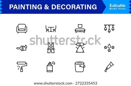 Painting And Decorating line icon set featuring editable, pixel-perfect icons with a clean, modern, and minimal style, ideal for renovation, art, and home projects.