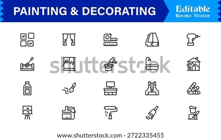 Painting And Decorating line icon set featuring editable, pixel-perfect icons with a clean, modern, and minimal style, ideal for renovation, art, and home projects.