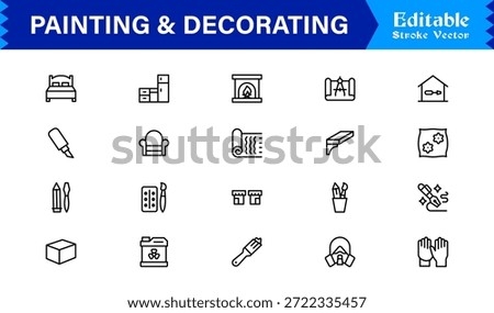 Painting And Decorating line icon set featuring editable, pixel-perfect icons with a clean, modern, and minimal style, ideal for renovation, art, and home projects.