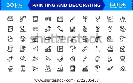 Painting And Decorating line icon set featuring editable, pixel-perfect icons with a clean, modern, and minimal style, ideal for renovation, art, and home projects.