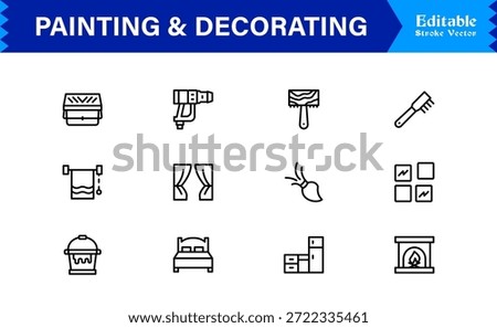 Painting And Decorating line icon set featuring editable, pixel-perfect icons with a clean, modern, and minimal style, ideal for renovation, art, and home projects.