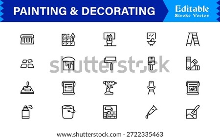 Painting And Decorating line icon set featuring editable, pixel-perfect icons with a clean, modern, and minimal style, ideal for renovation, art, and home projects.