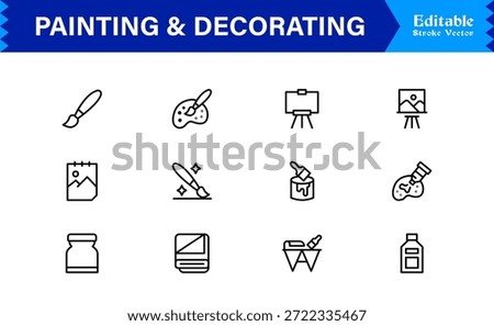 Painting And Decorating line icon set featuring editable, pixel-perfect icons with a clean, modern, and minimal style, ideal for renovation, art, and home projects.