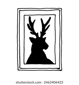 Painting with a deer. Canvas art of animal painting for decoration. Black and white style. A simple line hand drawing. Black contour linear silhouette. Vector graphics outline illustration