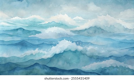The painting depicts a large body of water with waves crashing against the shore. The colors are predominantly blue, creating a serene and calming atmosphere. The waves are tall and powerful