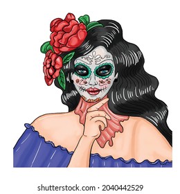 Painting Digital Dia de muertos woman with horror makeup. Halloween Costume party