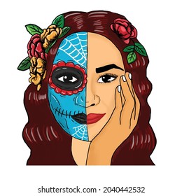 Painting Digital Dia de muertos woman with horror makeup. Halloween Costume party