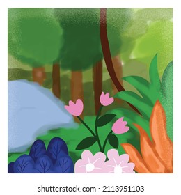 Painting digital on forest concept to children books. tropical forest