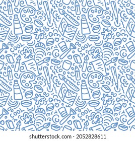Painting doodle pattern. Artist's tools seamless print. Inspiration. Paints, palette, brushes, pen, pencil, drawing.