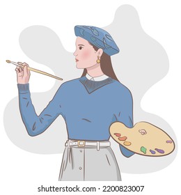 Painting, drawing, and artistic concepts. Portrait of a young woman artist standing making a drawing, holding a palette of paints and a brush in her hand. Vector illustration.