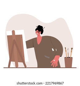Painting, drawing and artwork concept. Young smiling woman artist standing making drawing on canvas feeling creative vector illustration.