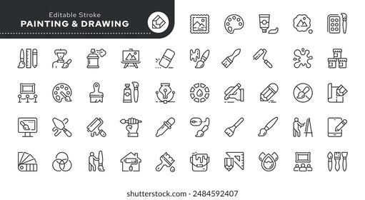 Painting and drawing line icon set. Artist, paints and brush, art tools, palette, pencil and picture. Outline vector icon in linear style. Conceptual pictogram collection.
