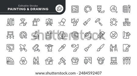 Painting and drawing line icon set. Artist, paints and brush, art tools, palette, pencil and picture. Outline vector icon in linear style. Conceptual pictogram collection.
