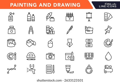 Pintando e desenhando conjunto de ícones lineares. Pincel, design gráfico, Spray, paleta de cores, balde de tinta, criatividade, trabalho de arte, pincel, reparação, coleção de ícones de contorno do artista. Ícone de vetor fino da interface do usuário
