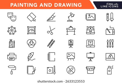 Pintando e desenhando conjunto de ícones lineares. Pincel, design gráfico, Spray, paleta de cores, balde de tinta, criatividade, trabalho de arte, pincel, reparação, coleção de ícones de contorno do artista. Ícone de vetor fino da interface do usuário