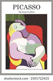 The painting Dream (Le Rêve) after abstraction, Pablo Picasso. Poster illustrating Picasso's paintings with graphic panels and strokes. vector illustration poster, wall art, modern home decor