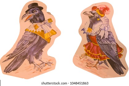 Painting of dressed birds isolated. Raven. Poster elements