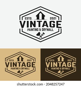 Painting and Drywall in Vintage Retro Hipster Emblem Stamp Logo Design Template.