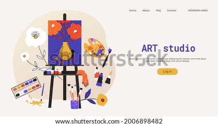 Painting easel landing page. Art studio accessories website UI mockup. Artist class tools. Painter supplies. Paint brushes and pencils, drawing canvas. Vector web interface template