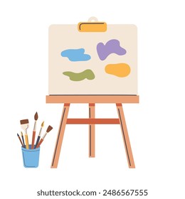 Painting easel with palette, brush, paints and palette. Vector illustration