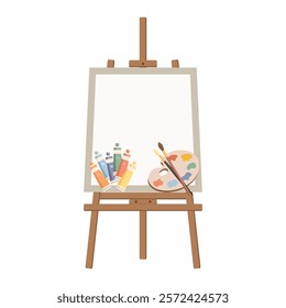 Painting easel with palette, paints, brushes and canvas. Art studio design. Flat illustration