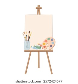 Painting easel with palette, paints, brushes and canvas. Art studio design. Flat illustration