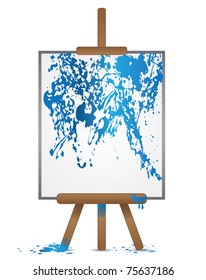 Painting easel with stained canvas