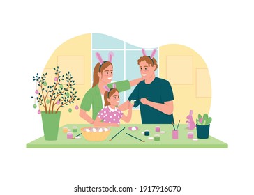 Cartel de la web vectorial 2D de huevos de Pascua pintando, afiche. Madre sonriente, padre, hija con personajes llanos sobre el fondo de las caricaturas. Parche estacional de primavera imprimible, elemento web colorido