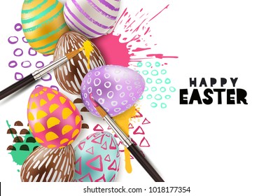 Painting Easter eggs vector illustration. Holiday greeting card, banner or poster with 3d decorative egg on watercolor splashes background. Art and craft concept.