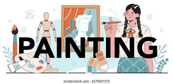 Painting education typographic header. Art school, student holding art tools learning how to draw and craft. Scetching and coloring classes. Flat vector illustration